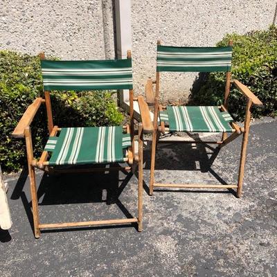 Set of 3 Vintage Wood Pool Patio Deck Camping Chairs green stripe fabric