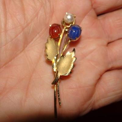 14K GF Natural Gem Stone Flower Brooch, Pin, Lapis, Pearl and Jasper? Signed Dell 