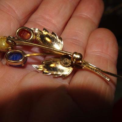 14K GF Natural Gem Stone Flower Brooch, Pin, Lapis, Pearl and Jasper? Signed Dell 