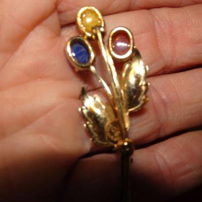 14K GF Natural Gem Stone Flower Brooch, Pin, Lapis, Pearl and Jasper? Signed Dell 