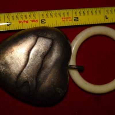Vintage Silver Tone Heart Baby Teething Rattle