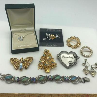 Jewelry lot, bracelet, pins, earrings, pendant necklace, Sterling Silver