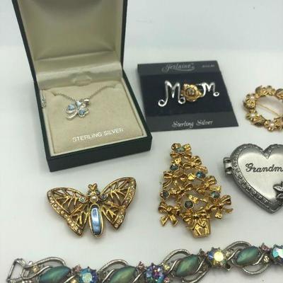 Jewelry lot, bracelet, pins, earrings, pendant necklace, Sterling Silver