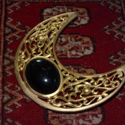 Gold & Black Crescent Moon Pin, Brooch