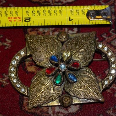 Art Nouveau Brass & Gold Tone & Rhinestone Brooch with Leaves