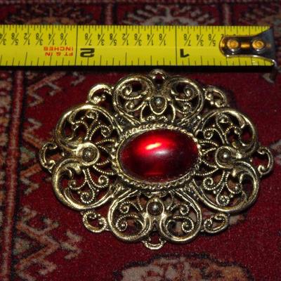Ruby Red, Gold Toned Victorian Style Brooch