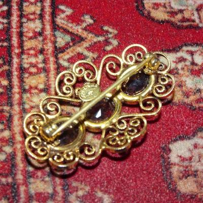 Gold Filed Filigree Brooch Pin, Brown Glass Stones