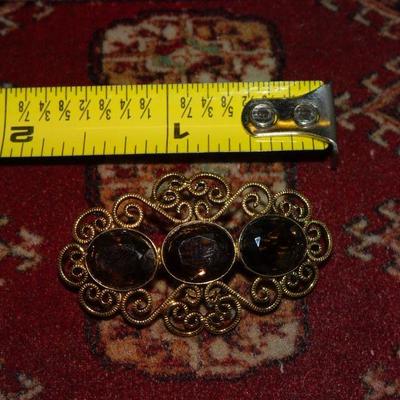 Gold Filed Filigree Brooch Pin, Brown Glass Stones