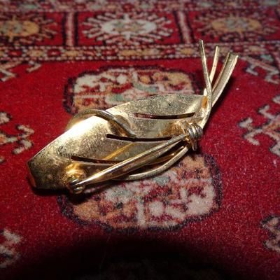 Gold Tone Pearl Leaf Brooch, Pin 
