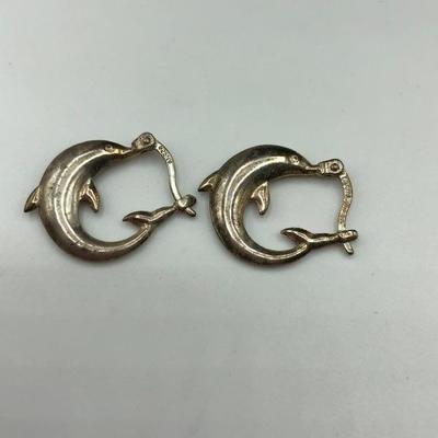 Signed NV Dolphin Puffy Hoop Earrings Sterling Silver