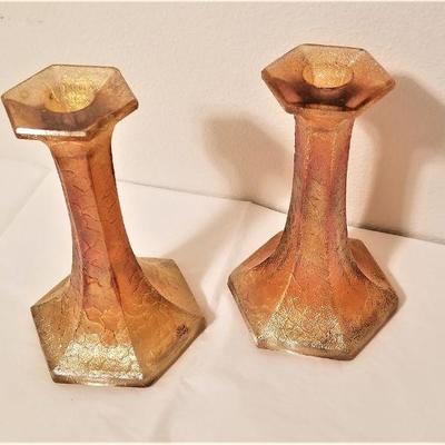 Lot #28  Pair of Carnival Glass Candlesticks