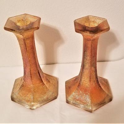 Lot #28  Pair of Carnival Glass Candlesticks