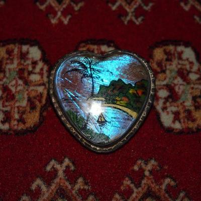 Antique Butterfly Morpho Heart Pendant, Sailboat, Ocean, Beach, Silver Tone 