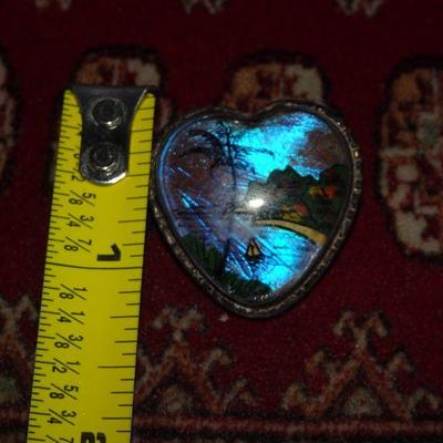 Antique Butterfly Morpho Heart Pendant, Sailboat, Ocean, Beach, Silver Tone 