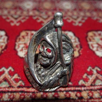 Silver Tone Grim Reaper Large Mens Ring, Halloween Jewelry 