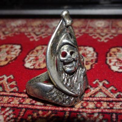 Silver Tone Grim Reaper Large Mens Ring, Halloween Jewelry 
