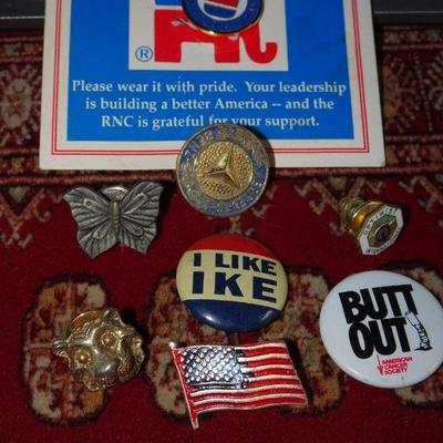 Misc Fraternal, Badges, Tie Tacks, Republican Pin, Mercedes, Butterfly, Ike Pin