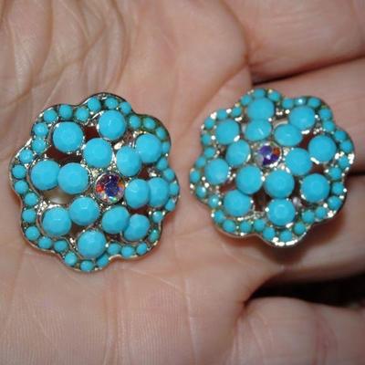 Vibrant Teal & Rhinestone Clip Earrings, Excellent! 