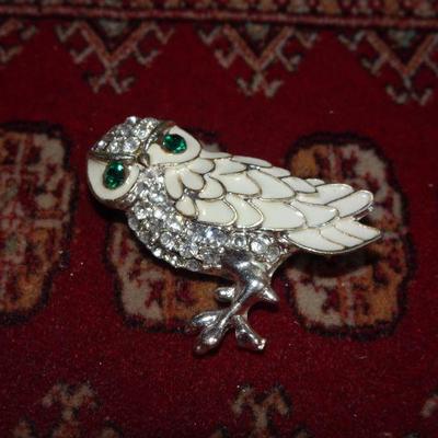 Winter White Owl Pin, Green Eyed Owl, Hooter, Rhinestone