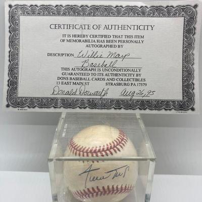 Lot A26: Willie Mays Autographed Baseball with COA. Encased. Signed ball!