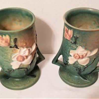 Lot #82  Pair of vintage ROSEVILLE vases in Magnolia Pattern