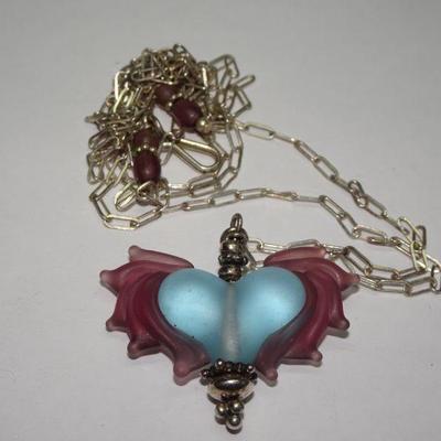 Glass Heart Pendant with Silver Tone Chain 