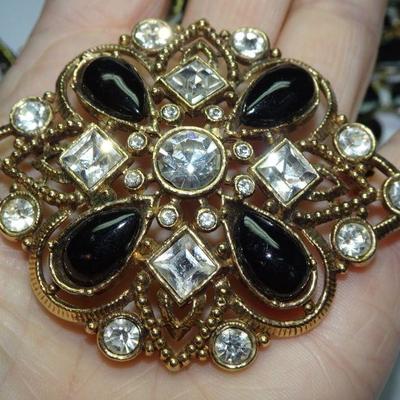 Art Deco Style Jewelry Lot, Necklaces, Brooches. Ring, Watch, Black & Gold 