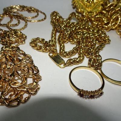Gold Tone Jewelry Lot, Necklaces, Belt, Rings Size 9 