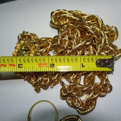 Gold Tone Jewelry Lot, Necklaces, Belt, Rings Size 9 