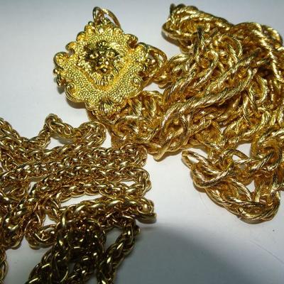 Gold Tone Jewelry Lot, Necklaces, Belt, Rings Size 9 