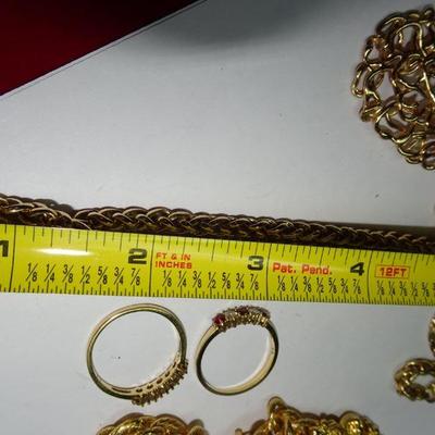 Gold Tone Jewelry Lot, Necklaces, Belt, Rings Size 9 