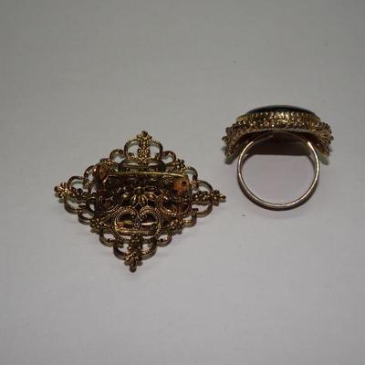 Filigree Brooch & Enamel Ring, Black & Gold 