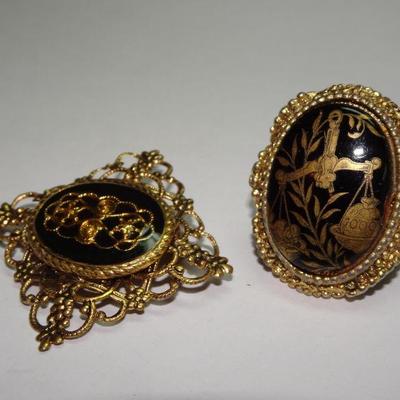 Filigree Brooch & Enamel Ring, Black & Gold 