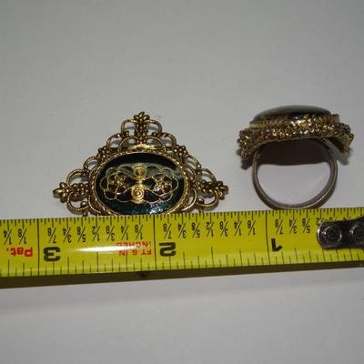 Filigree Brooch & Enamel Ring, Black & Gold 