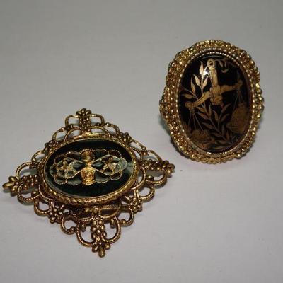 Filigree Brooch & Enamel Ring, Black & Gold 