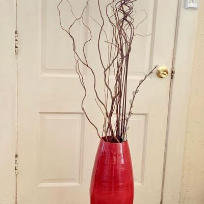 LOT 64 TALL RED DECORATIVE FLOOR VASE WITH TWIGS