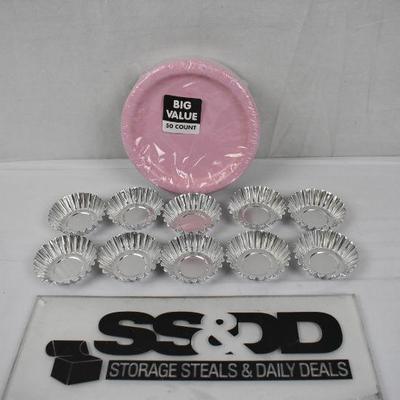 Light Pink Paper Dessert Plates & Stainless Steel Cupcake Molds - New