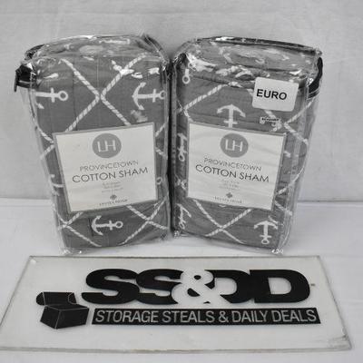 Euro Size Cotton Pillow Shams, Gray with Anchors, Qty 2 - New