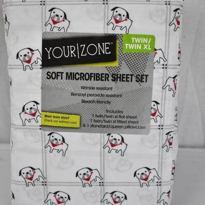 Twin/Twin XL Microfiber Sheet Set, White with Dogs - New