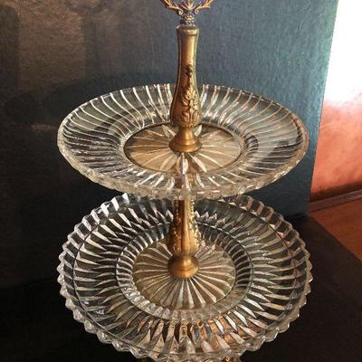 D10: Tidbit/Cake Tiered Brass and Cut Glass Pedestaled Server