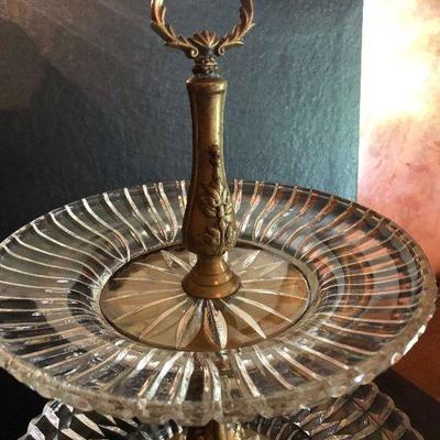 D10: Tidbit/Cake Tiered Brass and Cut Glass Pedestaled Server