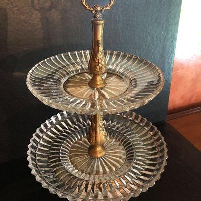 D10: Tidbit/Cake Tiered Brass and Cut Glass Pedestaled Server