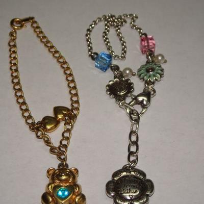 2 Child's Bracelets, Gold & Silver Tone, Avon & Brighton, Teddy Bear & Flowers