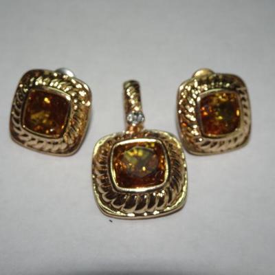 Gold Tone Post Earrings & Diamond Pendant, Gold Gem Stone