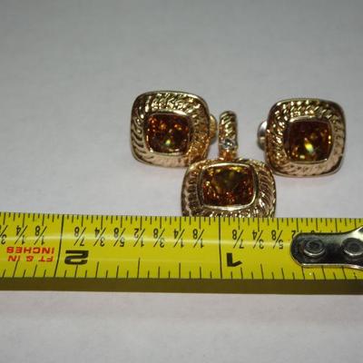 Gold Tone Post Earrings & Diamond Pendant, Gold Gem Stone