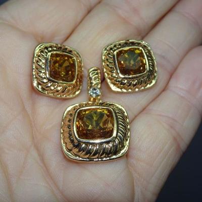 Gold Tone Post Earrings & Diamond Pendant, Gold Gem Stone