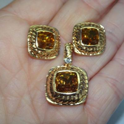 Gold Tone Post Earrings & Diamond Pendant, Gold Gem Stone