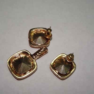 Gold Tone Post Earrings & Diamond Pendant, Gold Gem Stone