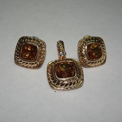 Gold Tone Post Earrings & Diamond Pendant, Gold Gem Stone