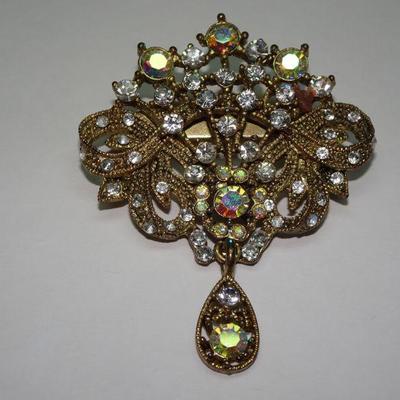 Victorian Style Rhinestone Brooch, Filigree, Ornate 
